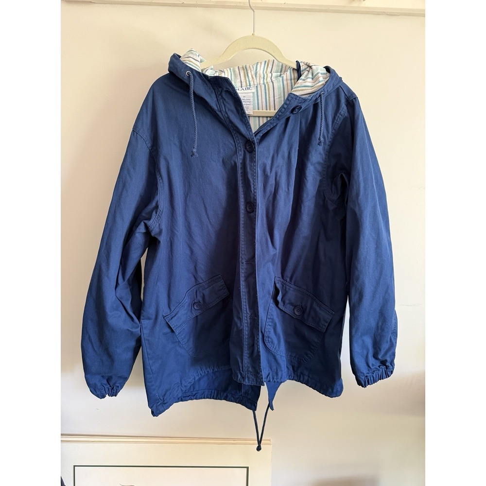 Blair Blue Canvas Hooded Parka Jacket 2X Striped Lining Full Zip Button Front